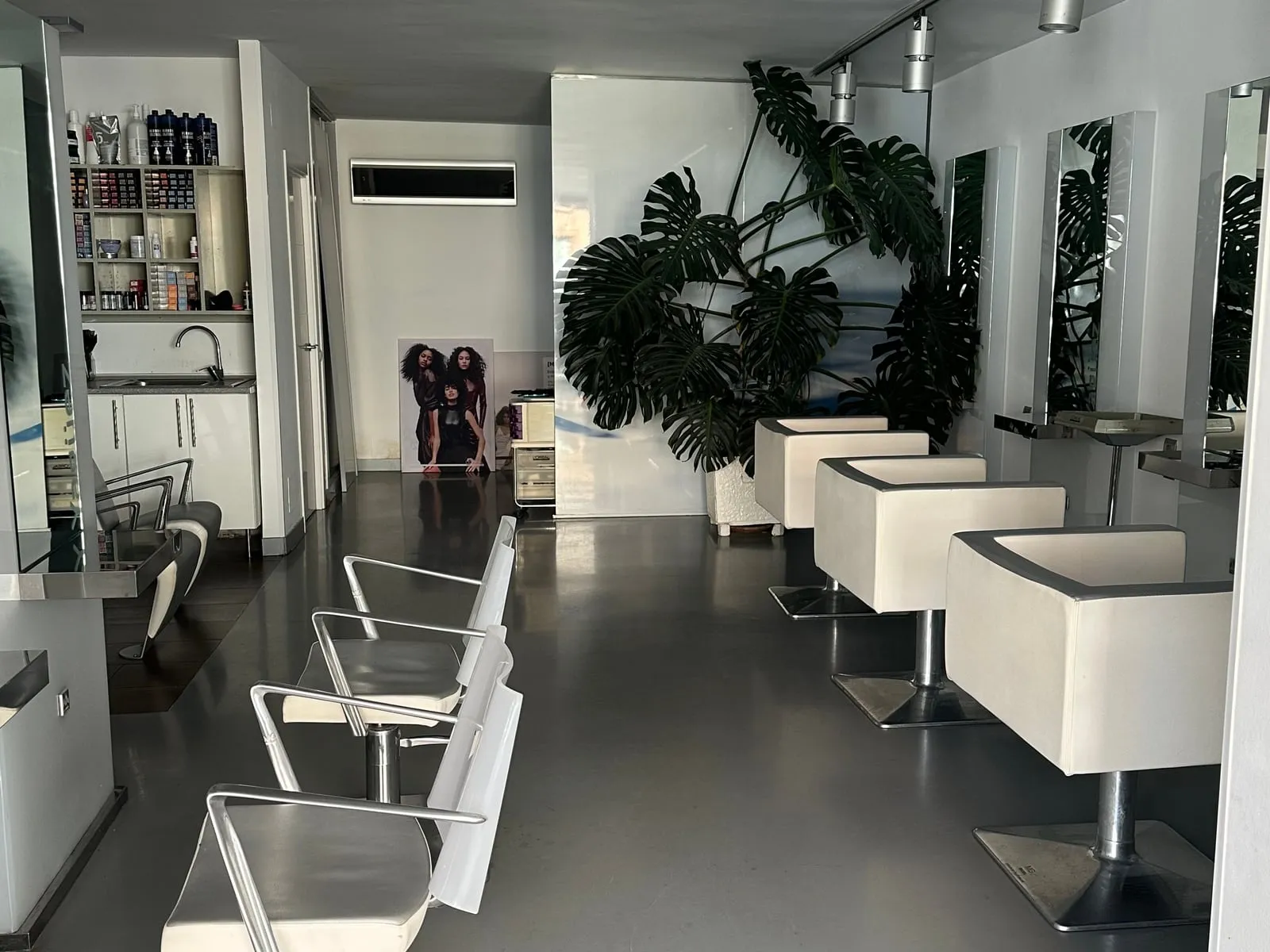 Sala principal del salón: sillones blancos alineados frente a espejos, suelo gris y una monstera al fondo